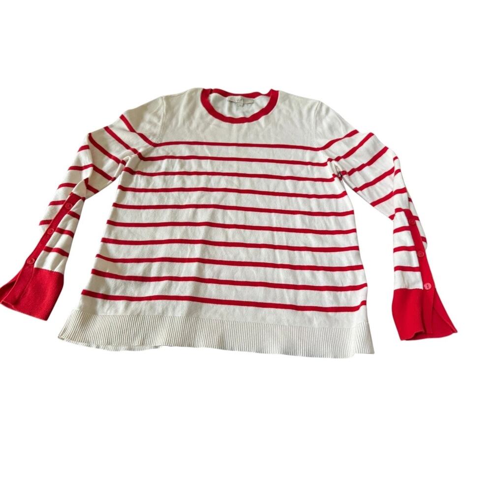 LOFT Womens Striped Sweater L Red White Long Sleeve Side Button Pullover READ - Picture 3 of 8